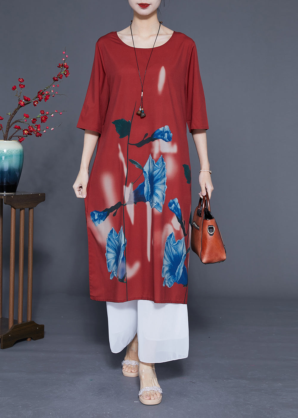 Women Rust O-Neck Morning Glory Print Silk Robe Dresses Half Sleeve LY1101
