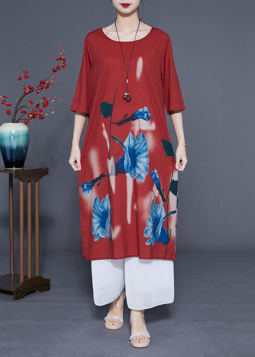 Women Rust O-Neck Morning Glory Print Silk Robe Dresses Half Sleeve LY1101