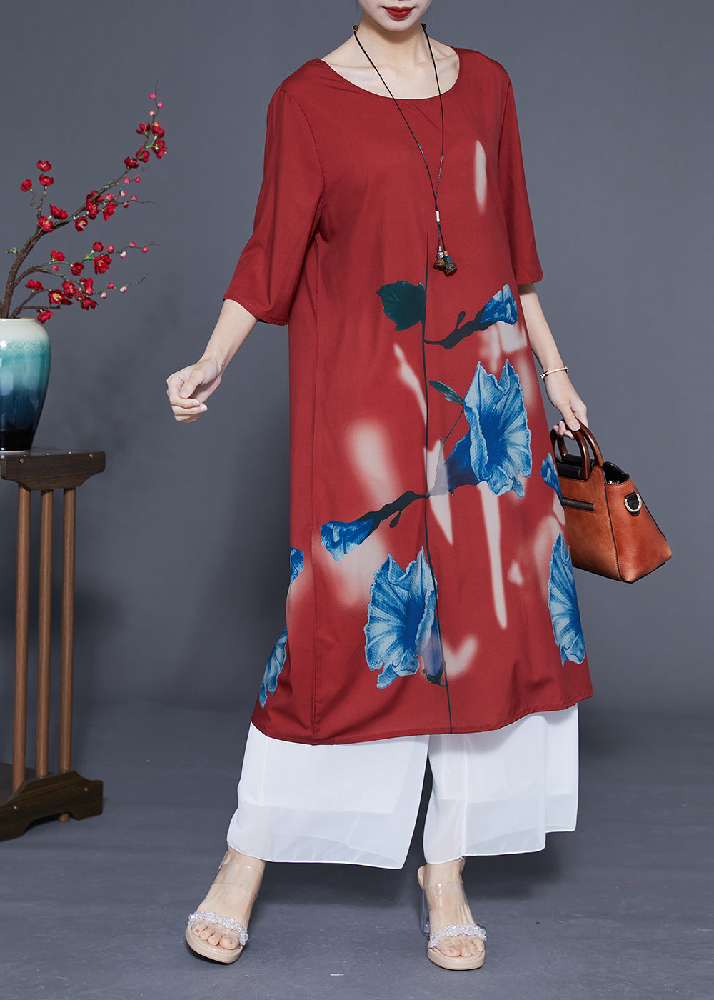Women Rust O-Neck Morning Glory Print Silk Robe Dresses Half Sleeve LY1101