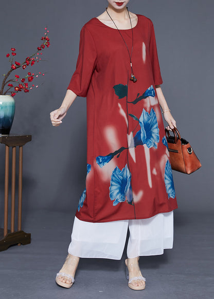 Women Rust O-Neck Morning Glory Print Silk Robe Dresses Half Sleeve LY1101