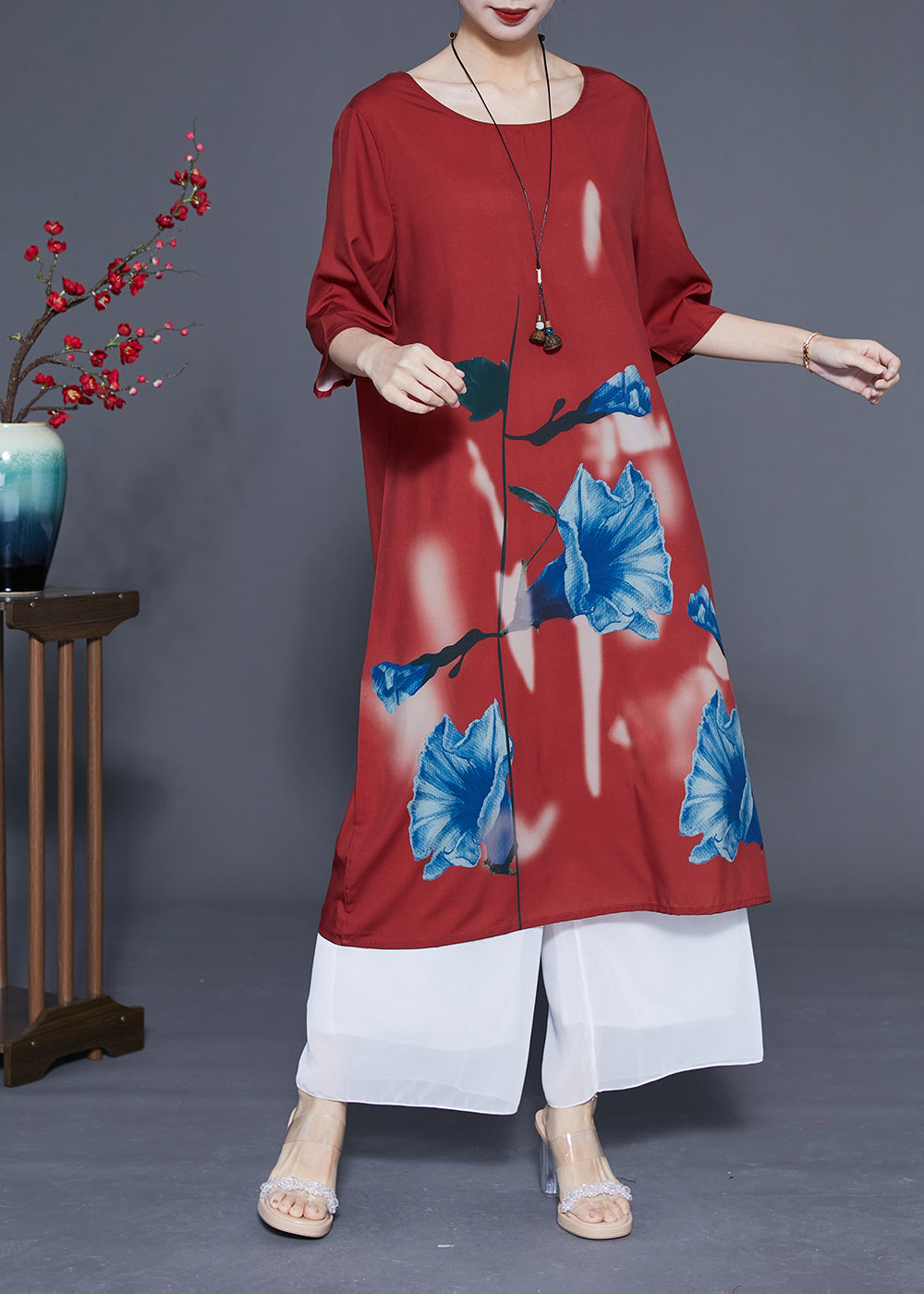 Women Rust O-Neck Morning Glory Print Silk Robe Dresses Half Sleeve LC0371