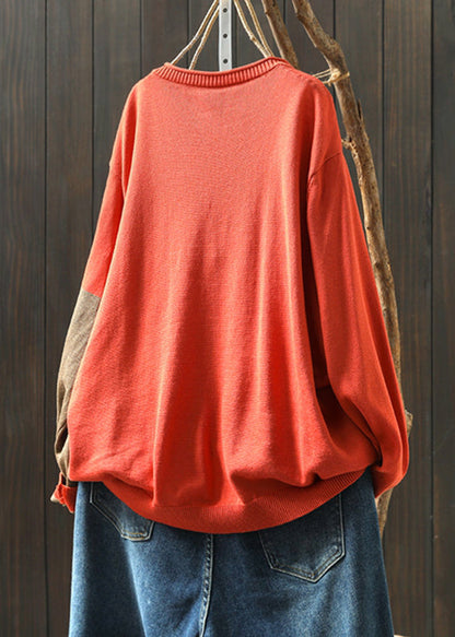 Women Rust O-Neck Print Knitted Cotton Thread Sweaters Fall HA1020