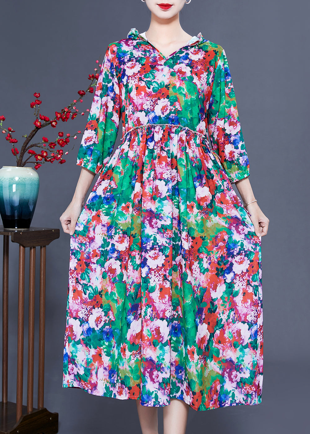 Women Slim Fit Hooded Ruffled Print Silk Long Dresses Summer LY0929