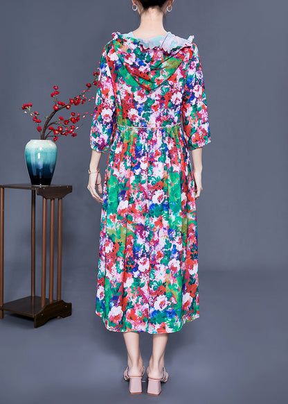 Women Slim Fit Hooded Ruffled Print Silk Long Dresses Summer LY0929