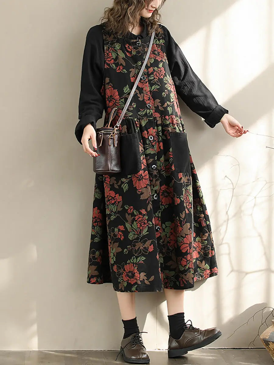 Women Spring Artsy Flower Spliced Denim Vest Dress Ada Fashion