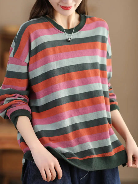 Women Spring Colorblock Stripe O-Neck Shirt Ada Fashion