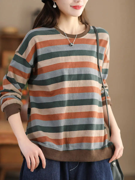Women Spring Colorblock Stripe O-Neck Shirt Ada Fashion