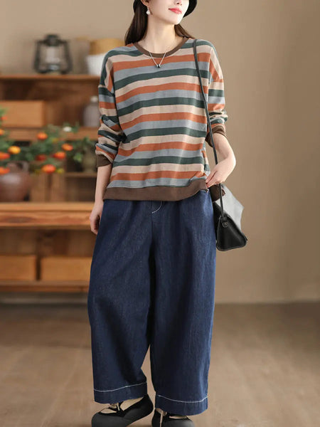 Women Spring Colorblock Stripe O-Neck Shirt Ada Fashion