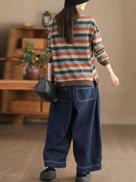 Women Spring Colorblock Stripe O-Neck Shirt Ada Fashion