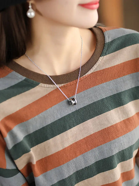 Women Spring Colorblock Stripe O-Neck Shirt Ada Fashion