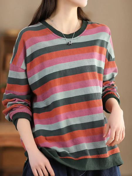 Women Spring Colorblock Stripe O-Neck Shirt Ada Fashion