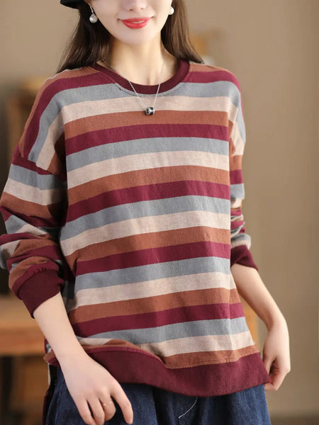 Women Spring Colorblock Stripe O-Neck Shirt Ada Fashion