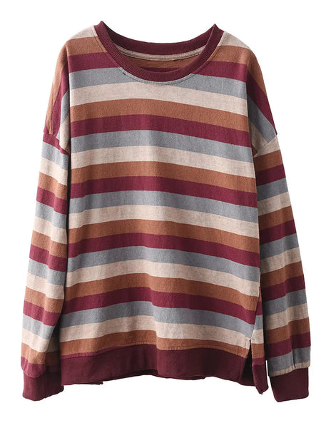 Women Spring Colorblock Stripe O-Neck Shirt Ada Fashion