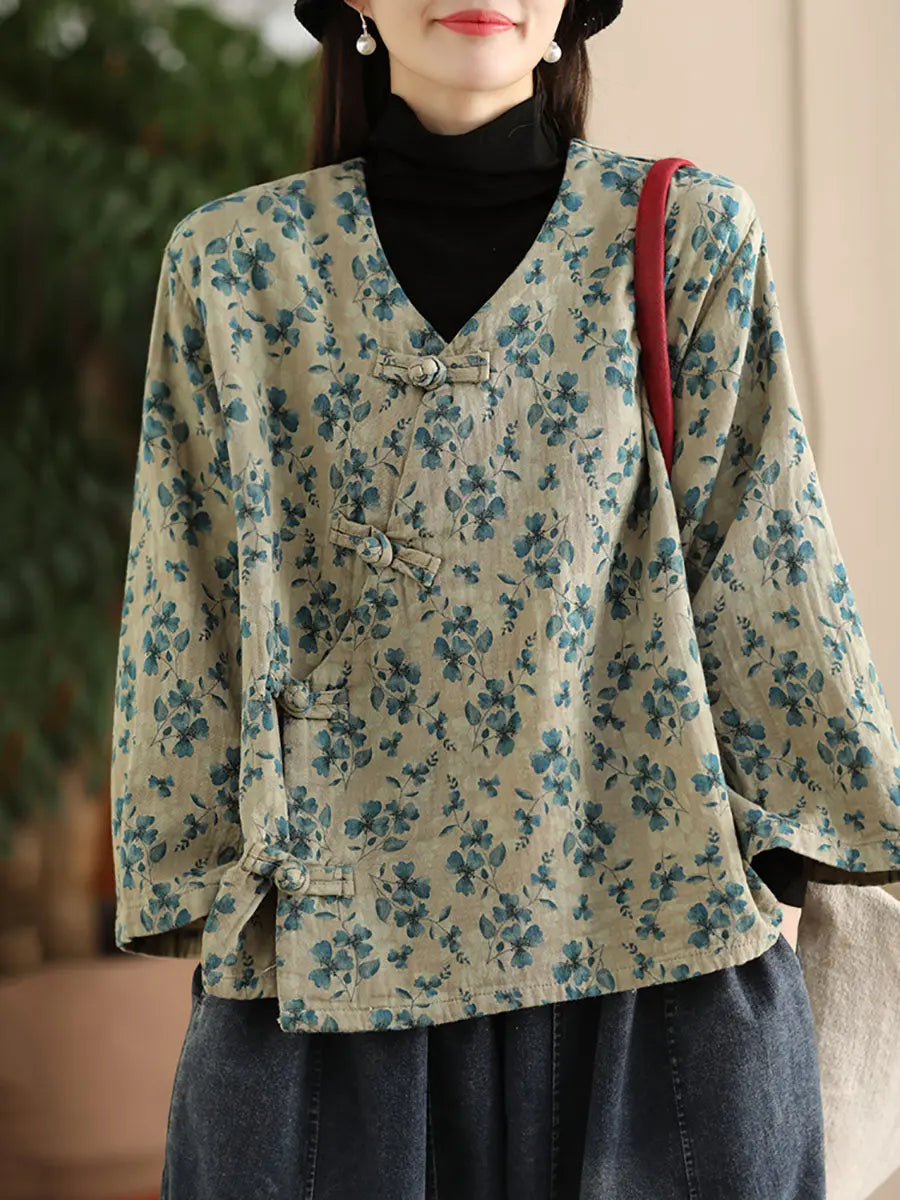 Women Spring Ethnic Floral V-Neck Shirt Ada Fashion