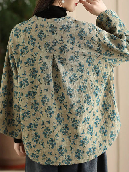 Women Spring Ethnic Floral V-Neck Shirt Ada Fashion