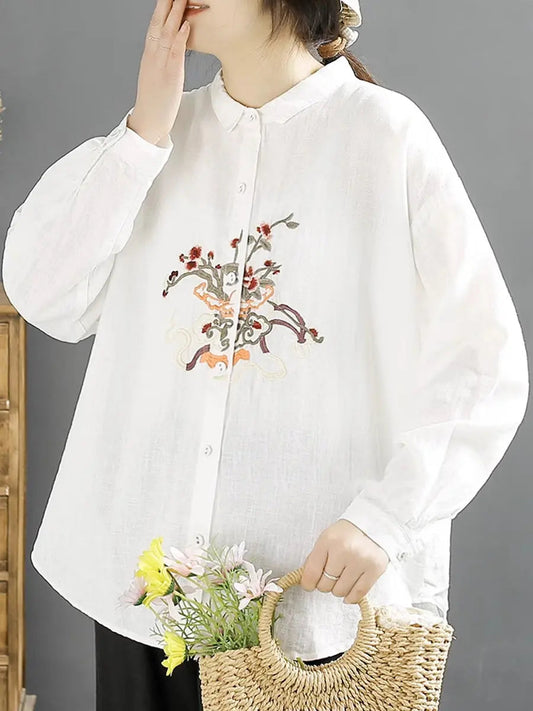 Women Spring Flower Embroidery Linen Shirt Ada Fashion