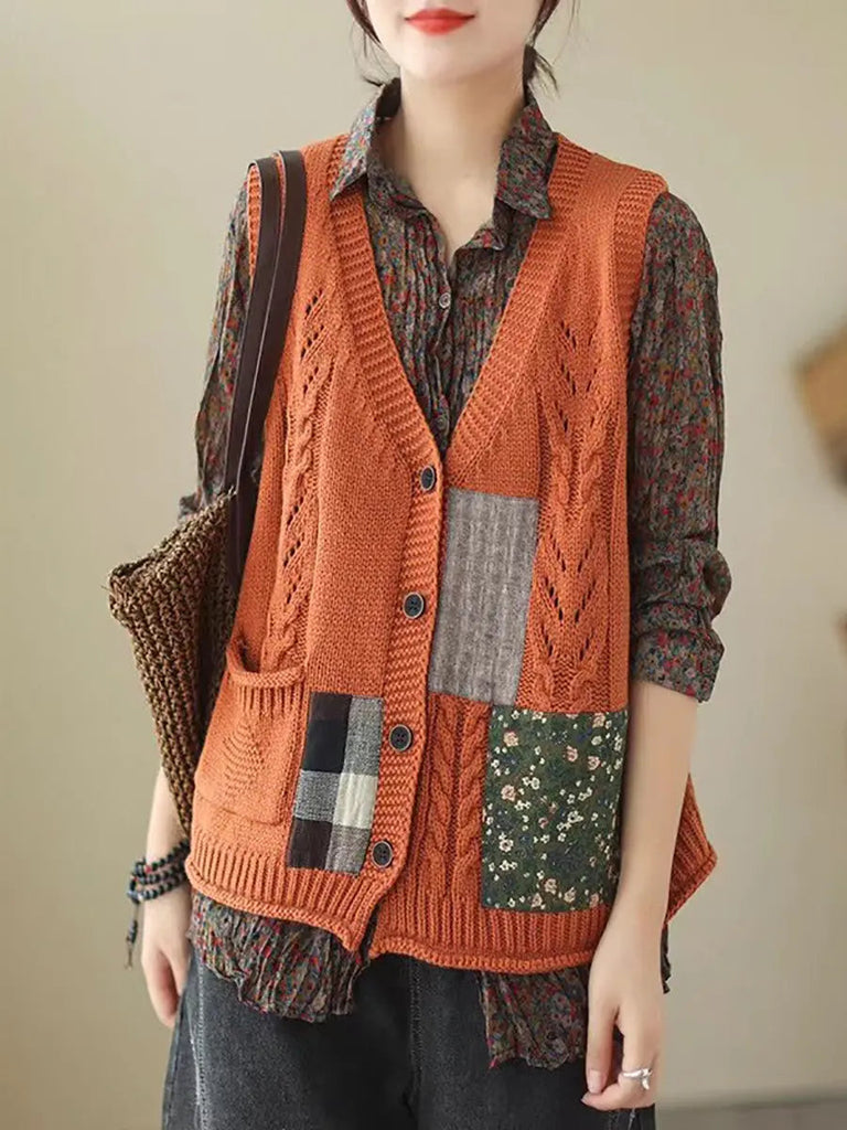 Women Spring Retro Patch Spliced Knitted Vest Ada Fashion