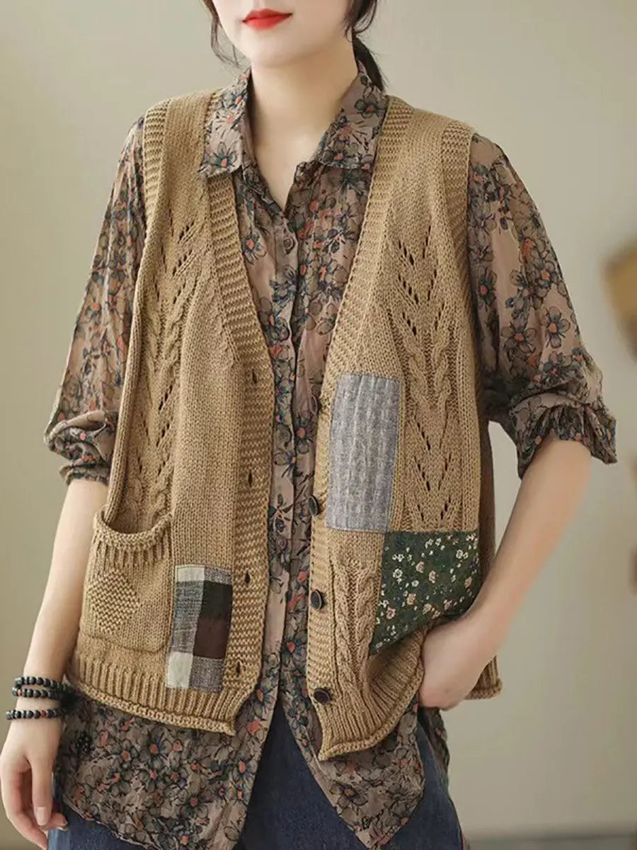 Women Spring Retro Patch Spliced Knitted Vest Ada Fashion