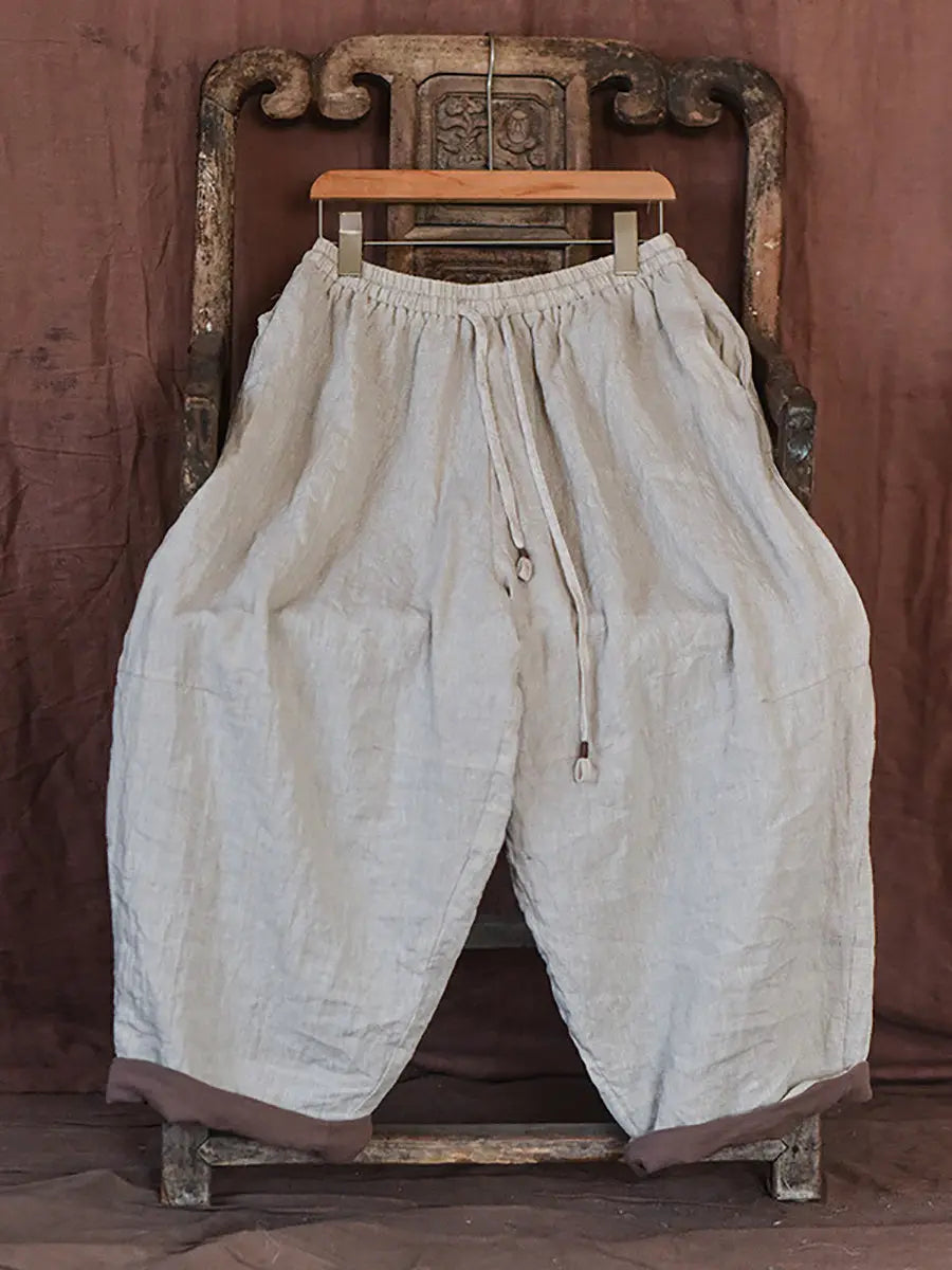 Women Spring Retro Solid Worn Linen Loose Pants Ada Fashion