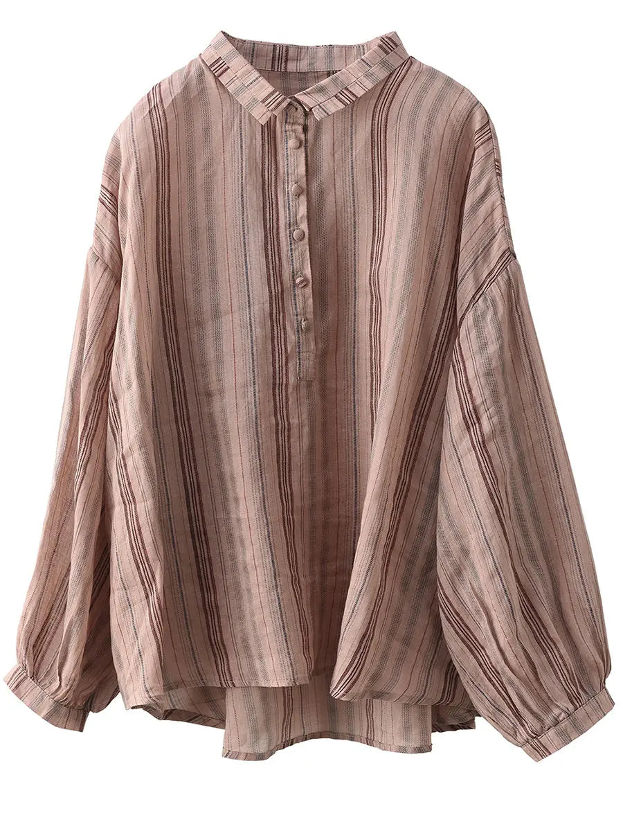 Women Spring Stripe Ramie Loose Ramie Shirt Ada Fashion