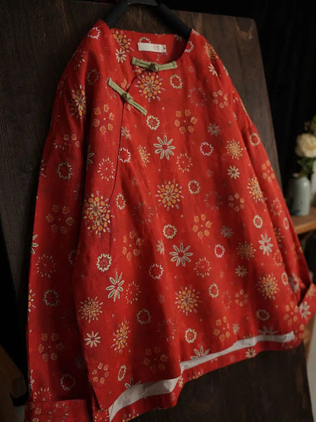 Women Spring Vintage Floral Ramie Padded Coat Ada Fashion