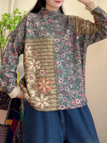 Women Spring Vintage Floral Spliced Half-Turtleneck Sweater Ada Fashion