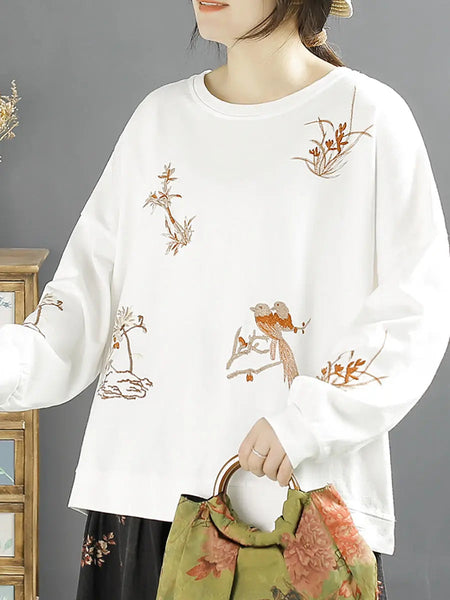 Women Spring Vintage Flower Embroidery O-Neck Shirt Ada Fashion