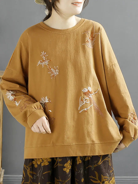 Women Spring Vintage Flower Embroidery O-Neck Shirt Ada Fashion
