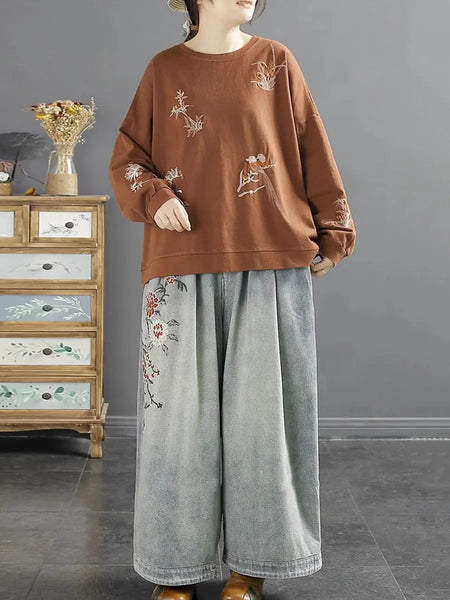 Women Spring Vintage Flower Embroidery O-Neck Shirt Ada Fashion