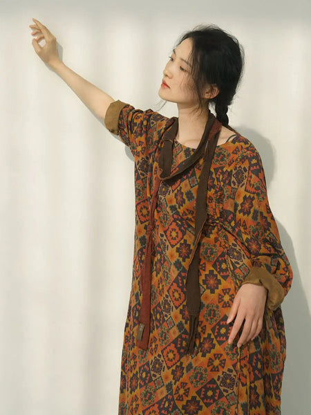 Women Spring Vintage Flower Spliced Loose Dress Ada Fashion