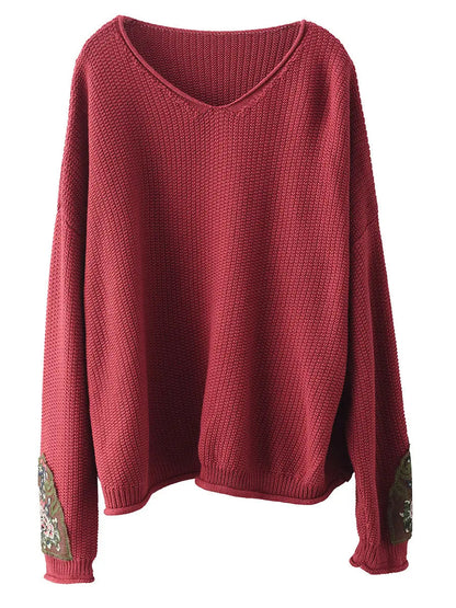 Women Spring Vintage Patch Spliced Knitted Sweater Ada Fashion
