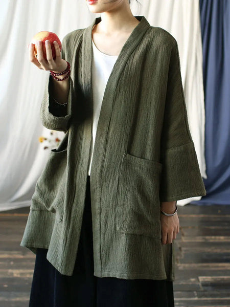 Women Spring Vintage Solid V-Neck Long Coat Ada Fashion