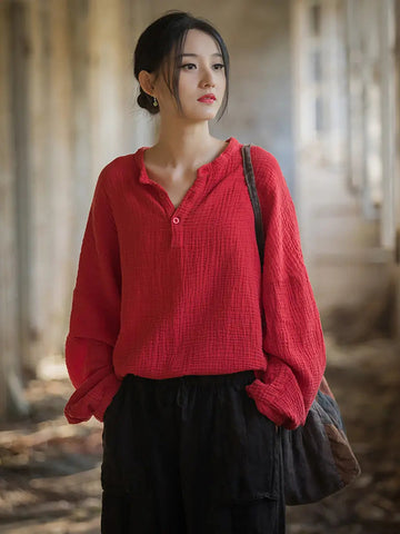 Women Spring Vintage Solid V-Neck Shirt Ada Fashion