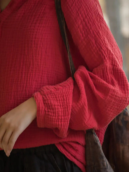 Women Spring Vintage Solid V-Neck Shirt Ada Fashion