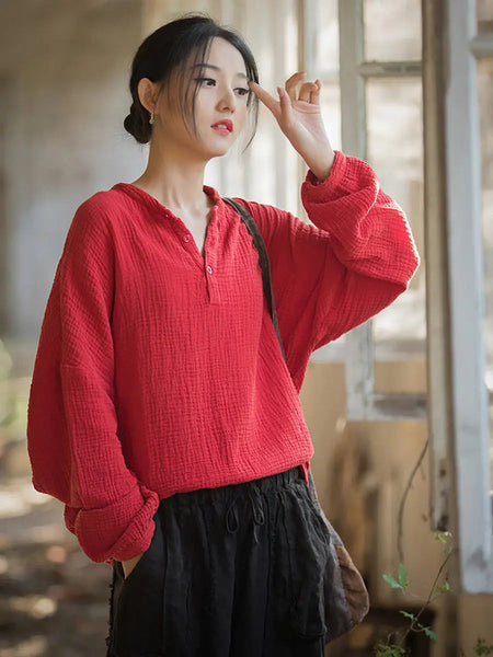 Women Spring Vintage Solid V-Neck Shirt Ada Fashion