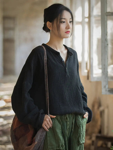 Women Spring Vintage Solid V-Neck Shirt Ada Fashion