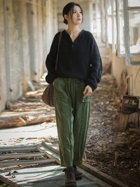 Women Spring Vintage Solid V-Neck Shirt Ada Fashion