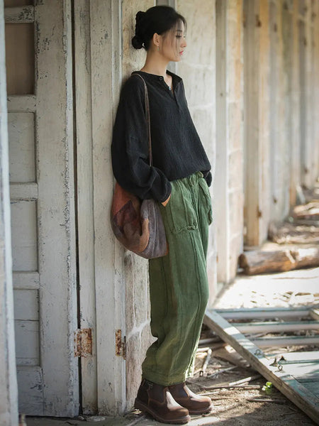 Women Spring Vintage Solid V-Neck Shirt Ada Fashion