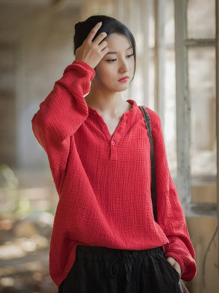 Women Spring Vintage Solid V-Neck Shirt Ada Fashion