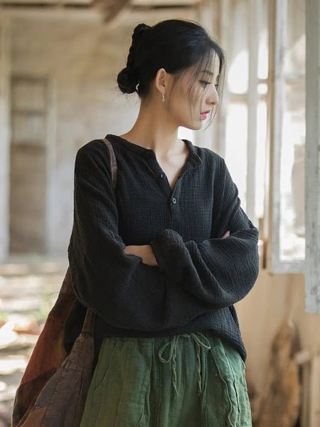 Women Spring Vintage Solid V-Neck Shirt Ada Fashion