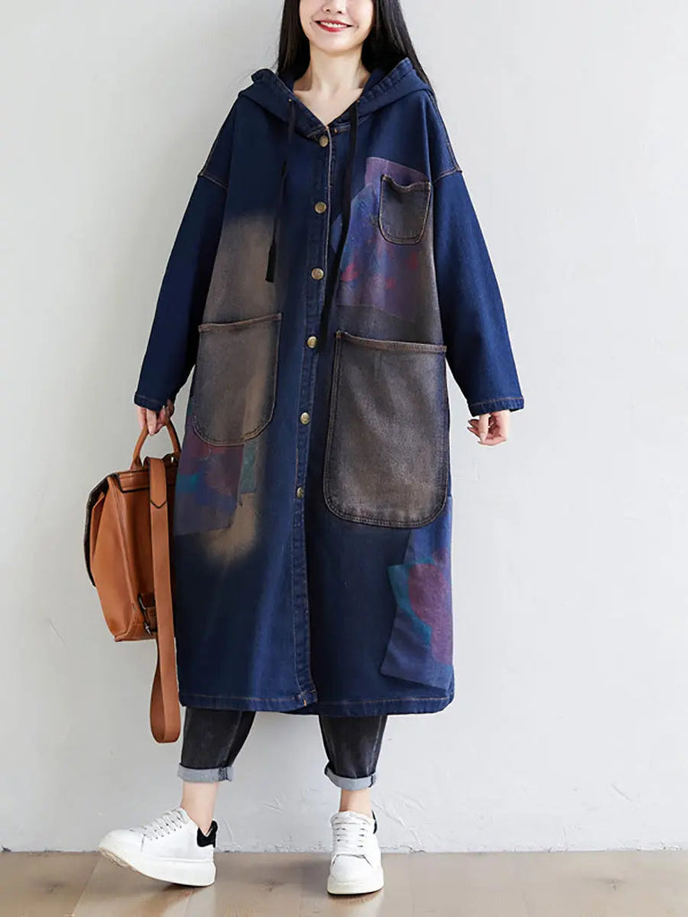 Women Spring Wron Print Splced Denim Hooded Coat Ada Fashion