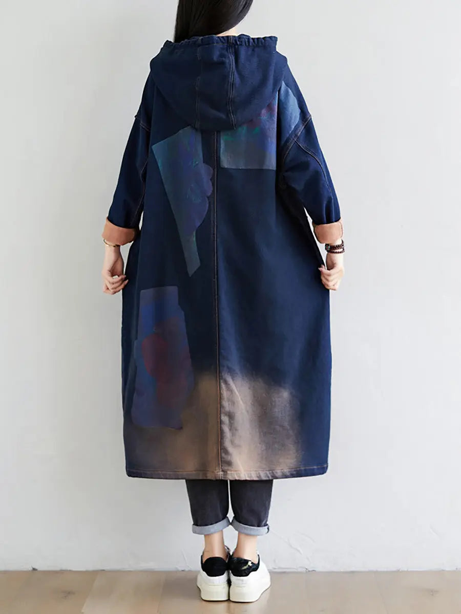 Women Spring Wron Print Splced Denim Hooded Coat Ada Fashion