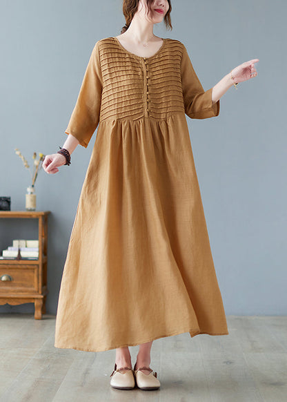 Women Square Neck Pleated Casual Maxi Vintage Dress Yellow LC0042