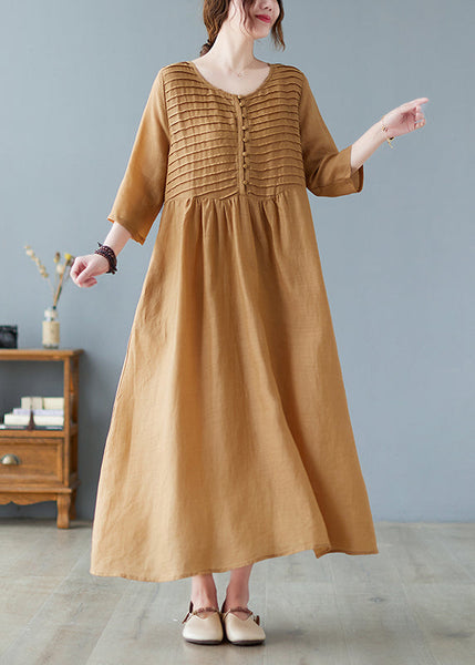 Women Square Neck Pleated Casual Maxi Vintage Dress Yellow LC0042