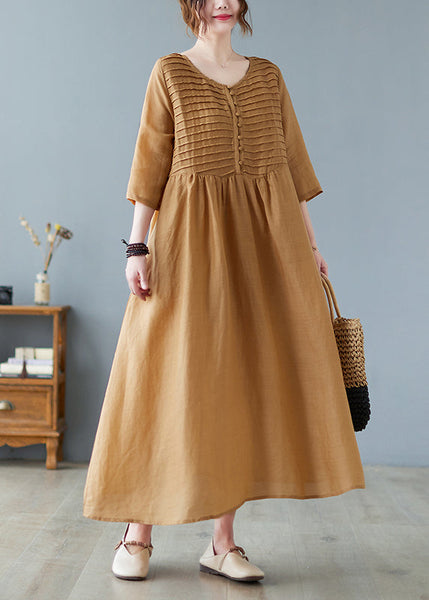 Women Square Neck Pleated Casual Maxi Vintage Dress Yellow LC0042