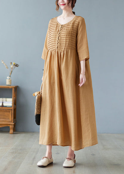 Women Square Neck Pleated Casual Maxi Vintage Dress Yellow LC0042