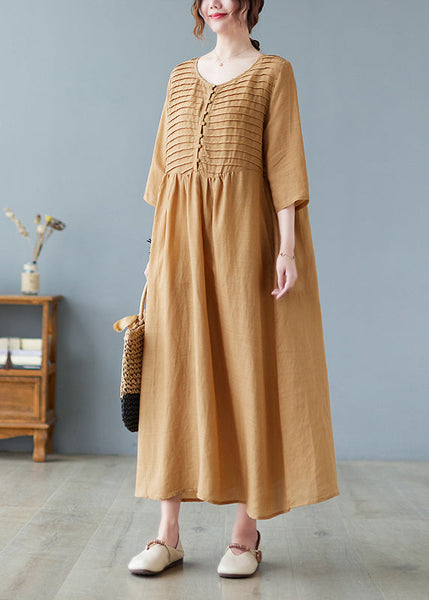 Women Square Neck Pleated Casual Maxi Vintage Dress Yellow LC0042