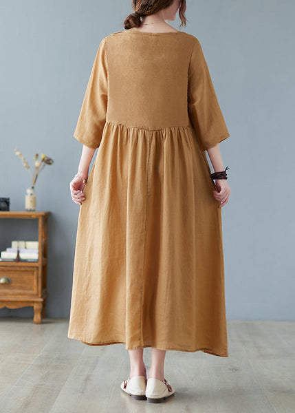 Women Square Neck Pleated Casual Maxi Vintage Dress Yellow LC0042