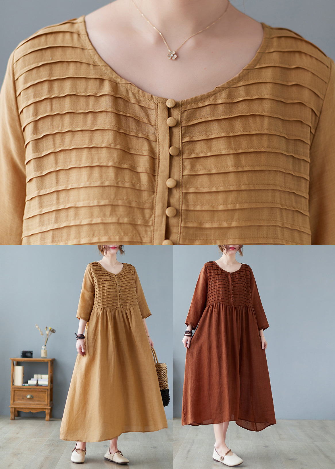 Women Square Neck Pleated Casual Maxi Vintage Dress Yellow LC0042