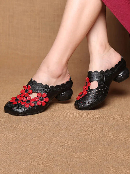 Women Summer Leather Vintage Flower Spliced Slippers Ada Fashion